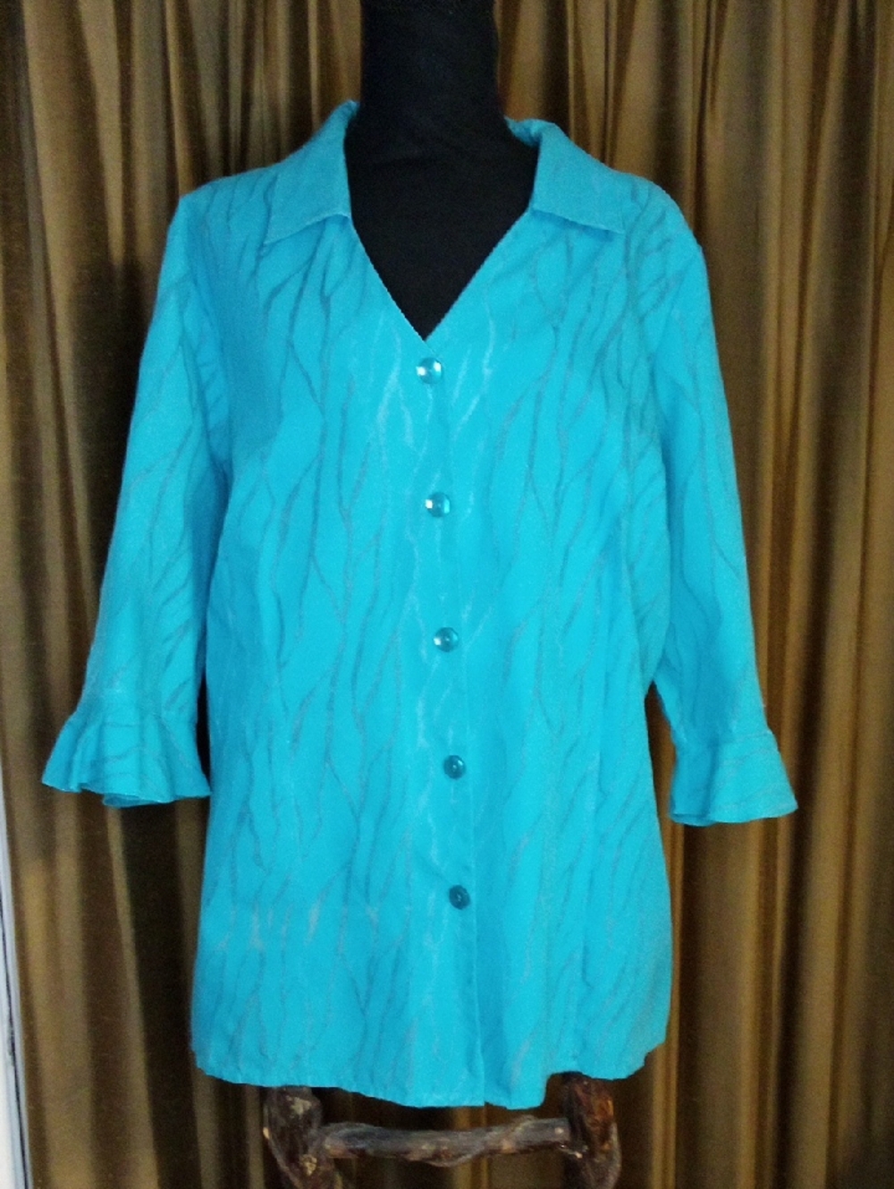Vintage Maggie Barnes Teal Wave-Pattern Blouse